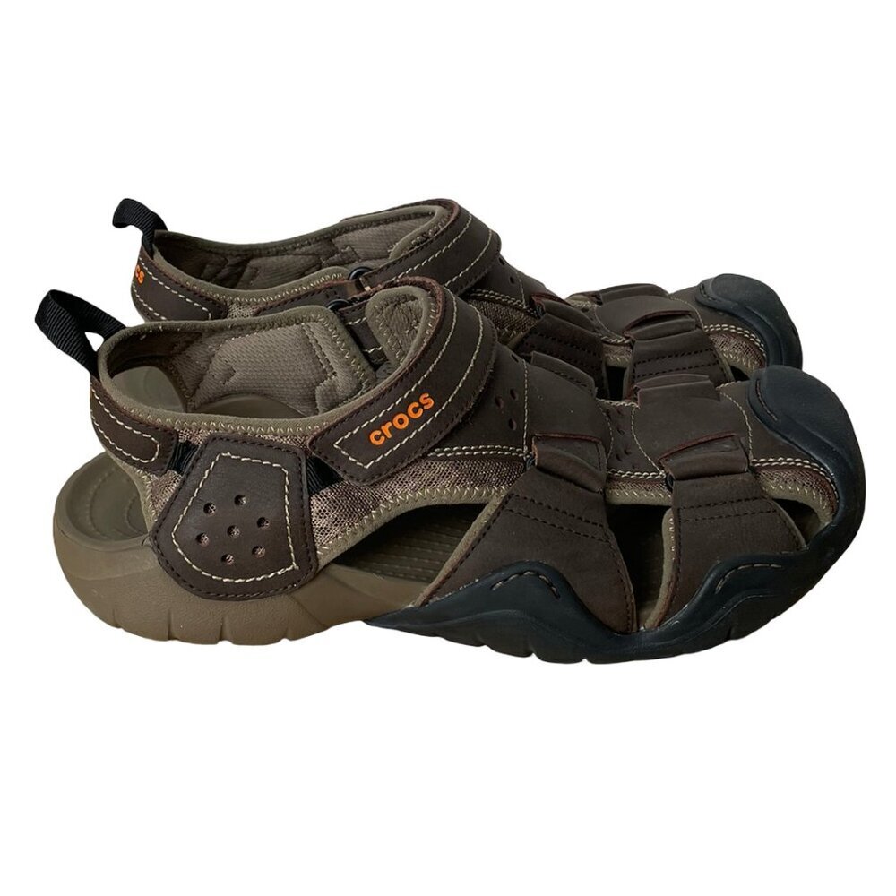 CROCS Men's Swiftwater Leather Fisherman Sandals Brown Espresso Size 12